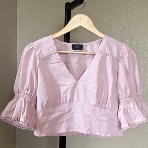 Milk & Honey Crop Top Blouse Puff Sleeve Ruffle‎ Trim V Neck Pink Size M